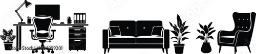 Modern home office and living room furniture silhouettes set showing workspace desk, sofa, armchair, and indoor plants isolated on white background
