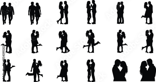 Romantic couple silhouettes set showing love, hugging, kissing, and walking poses isolated on white background for relationship concepts