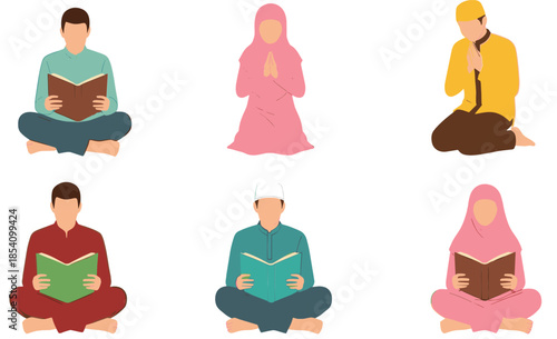 Set of flat vector illustrations featuring Muslim men and women praying and reading the holy Quran isolated on white background.