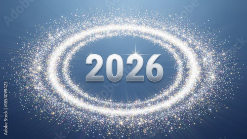 Sparkling white oval with 2026 in silver, glowing numbers, festive background, celebration and new year