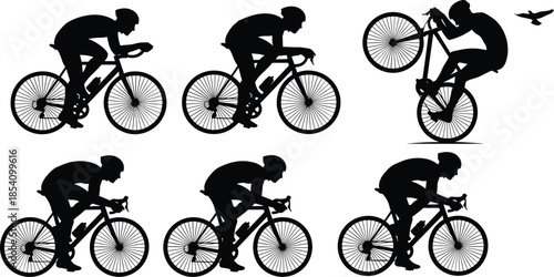 Cyclist racing silhouettes set showing road cycling action, speed poses, and stunt movement isolated on white background for sport concepts