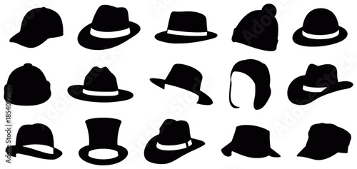Classic Hat Collection Silhouette Icons, Classic hat silhouette collection with fedora, bowler and vintage headwear, stylish fashion accessory vector set for design and illustration