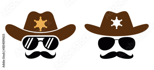 Cowboy Hat and Mustache Icon Set, Cowboy moustache avatar icons with hat and sunglasses, fun western themed vector characters for party design, posters and playful branding