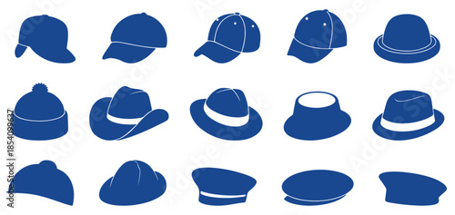 Blue hat icon set with various headwear styles including caps and classic hats, perfect for fashion design, branding projects, apparel graphics, accessories concepts, modern style themes and editable 