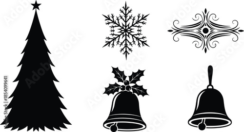 Christmas holiday icon set featuring decorated tree snowflake bell ornaments black vector silhouettes for festive winter seasonal design projects
