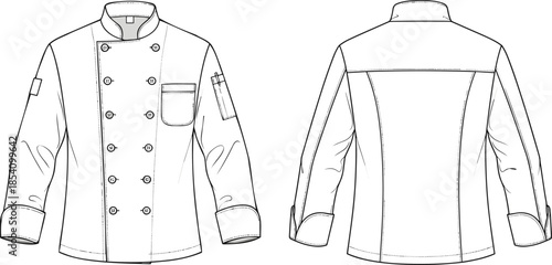 Chef jacket technical fashion illustration, front and back view, professional kitchen uniform design, double breasted culinary coat drawing