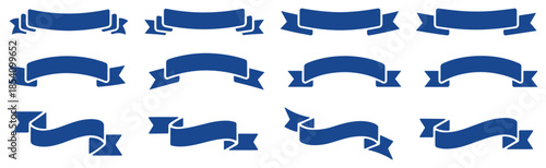 Blue ribbon banner set with curved decorative shapes, classic award and label vector elements for web design, posters and branding