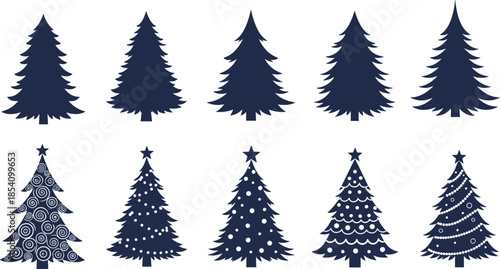 Christmas tree silhouettes collection featuring decorated evergreen pine fir shapes festive winter holiday black vector design set for seasonal branding