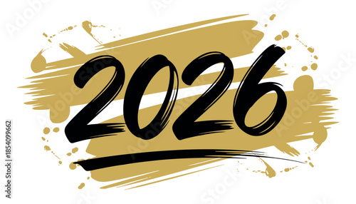 2026 New Year Brush Typography Design,Gold brush stroke 2026 text design, modern New Year typography vector illustration for celebration posters, banners and festive graphics