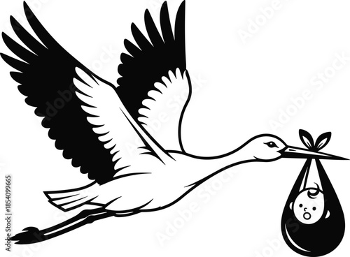 Flying stork carrying baby silhouette illustration black vector symbol of birth motherhood family care delivery concept design element