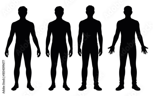 Male Body Silhouette Standing Figures, male human body silhouette set in standing poses, realistic anatomy vector illustration for fitness, medical reference and infographic design