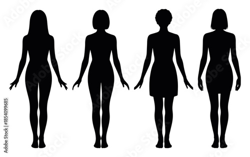 Female Body Silhouette Standing Figures, female human body silhouette set in standing poses, elegant anatomy vector illustration for fashion design, health graphics and reference use