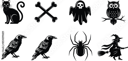 Halloween spooky icon collection featuring black cat ghost owl raven spider witch bones silhouettes black vector illustration set