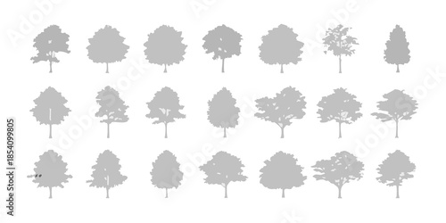 A collection of gray tree silhouettes in varying shapes and sizes