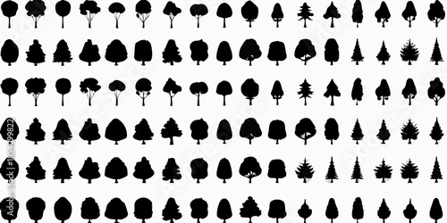 A collection of various silhouetted trees arranged in a grid pattern