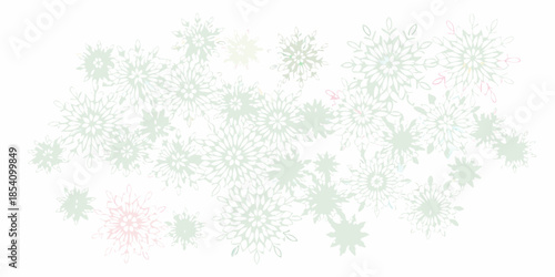 Delicate floral pattern with pastel green and pink snowflake like blossoms