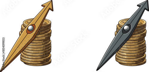 Financial direction concept, gold coin stacks with arrows, market strategy illustration, economic growth metaphor, investment trend, wealth indicator design