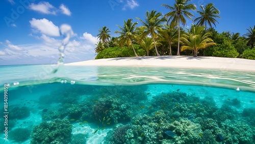 Vibrant Split-Level Tropical Scene: Palm Beach Clear Turquoise Water and Thriving Coral Reef with Fish.