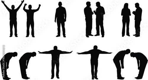 People silhouette poses set showing celebration, discussion, standing, bowing, and arms out gestures isolated on white background for communication concepts
