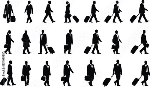 Business traveler silhouettes set showing walking executives with luggage isolated on white background representing corporate travel, commuting, and professional lifestyle