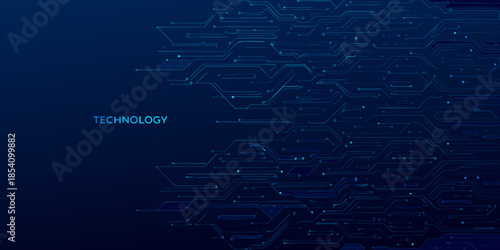 Abstract blue technology background with circuit board pattern and glowing lines