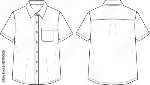Men short sleeve shirt technical flat, front and back view, fashion apparel outline, clothing design template, vector illustration