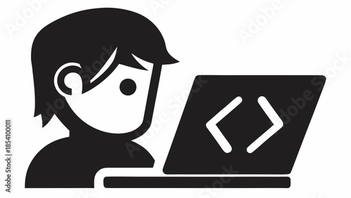 Programmer working on laptop with coding symbols on screen