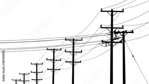 Electric power line pole silhouettes with overhead cables isolated on white background representing energy distribution, infrastructure, and utility network concepts