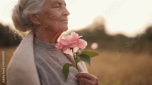 Elderly woman embracing nature while holding a pink rose at sunset in a serene field