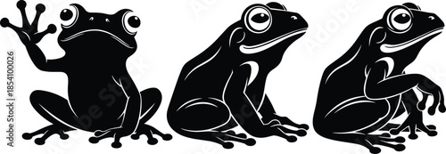 Cute frog silhouettes set showing different sitting poses isolated on white background for wildlife, nature, cartoon, and amphibian concepts
