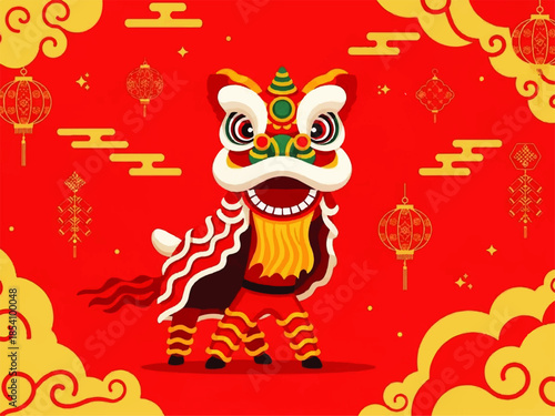 Chinese Lion Dance Illustration on Red Background for Lunar New Year Celebration Design