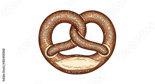 Detailed illustration of a freshly baked salted pretzel with golden brown crust and coarse salt grains on white.