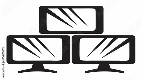 Triple computer monitors with dynamic light trails on screens