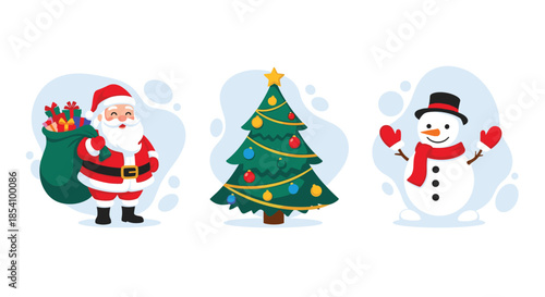 Classic Christmas trio featuring a happy Santa Claus with a gift sack a decorated pine tree and a friendly snowman.