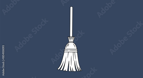 Simple minimalist line drawing of a traditional straw broom with a long handle on a dark blue background.