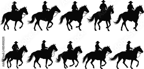 Cowboy riding horse silhouettes set showing western equestrian poses isolated on white background representing ranch, rodeo, and wild west lifestyle