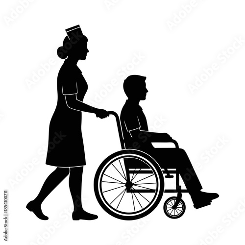 Silhouette of a nurse pushing a sick patient in a wheelchair