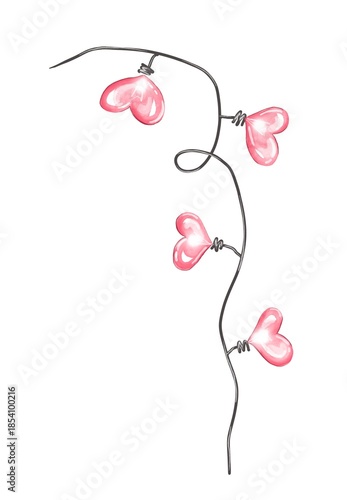 Pink heart shaped light bulbs. Watercolor illustration
