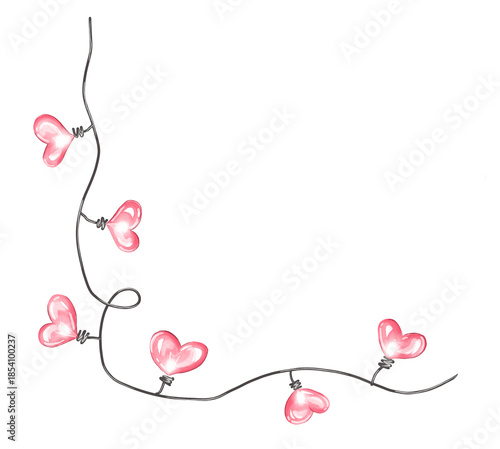 Pink heart shaped light bulbs. Watercolor illustration