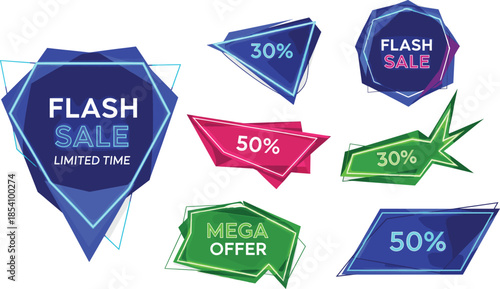 Flash sale banner, geometric discount label, limited time offer, colorful promo sticker, 30% 50% mega deal, retail marketing graphic