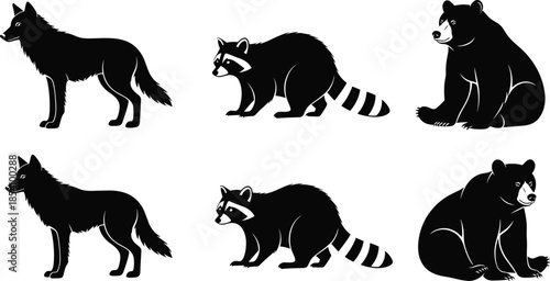 Wild animal silhouettes set featuring wolf, raccoon, and bear isolated on white background for wildlife, nature, and forest concepts