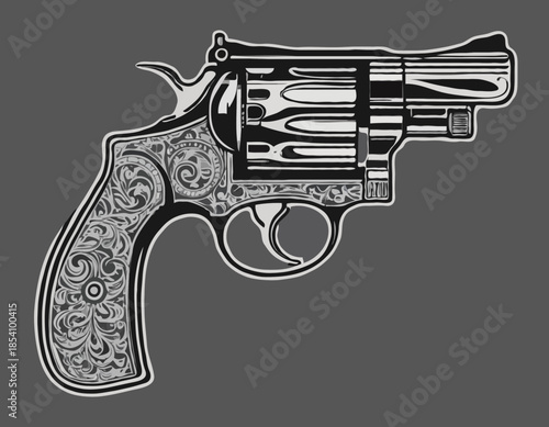 Detailed woodcut illustration of a classic revolver in black and white