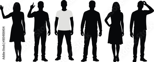 Group of diverse human silhouettes standing together isolated on white background representing teamwork, individuality, community, and modern lifestyle concepts