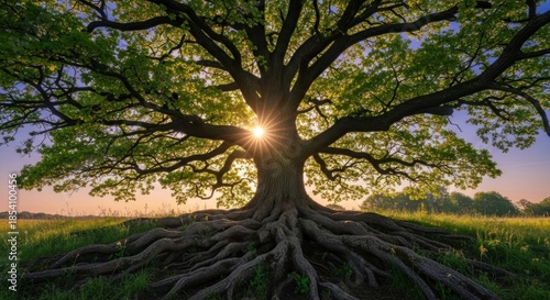 Wallpaper Mural A majestic oak tree with a sunburst in the background, casting a warm glow over a lush green field. Torontodigital.ca