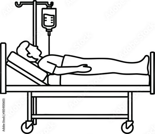 Hospital patient lying in bed with iv drip