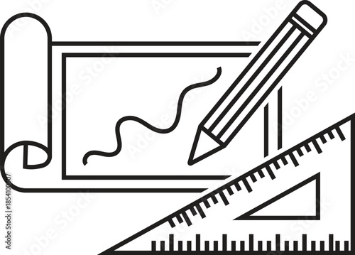 Drafting and design tools icon with pencil ruler and paper