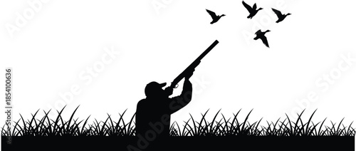 Hunter shooting birds in flight silhouette