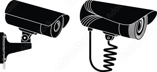 Security surveillance camera silhouettes illustration showing CCTV monitoring devices, home and business safety systems, crime prevention technology, and protection concept