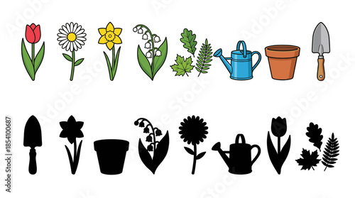 Colorful gardening icons with tools and plants for educational activity worksheet  