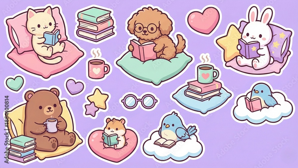 Obraz premium Cute Kawaii Characters Reading Books and Enjoying Hot Drinks on Pillows and Clouds